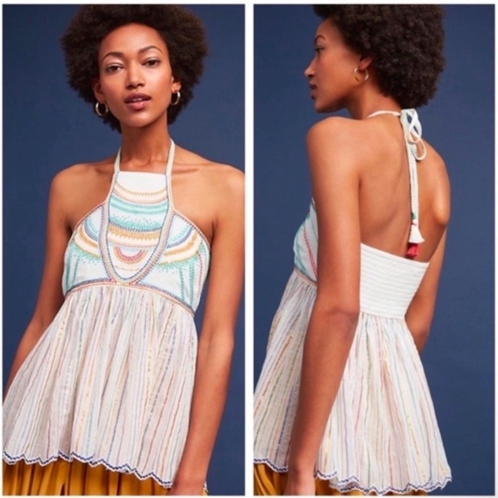 Floreat @ Anthropologie Sz 10 Boho Halter Top Babydoll Embroidered White Hippie
